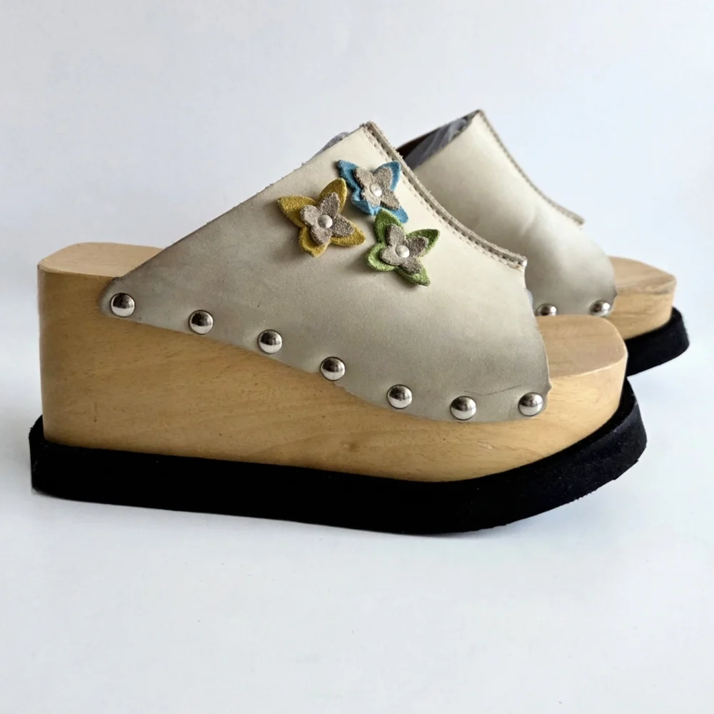 Thick Wood Platforms With Flower, Soft Floppy Leather Uppers & Silver Studs 7.5